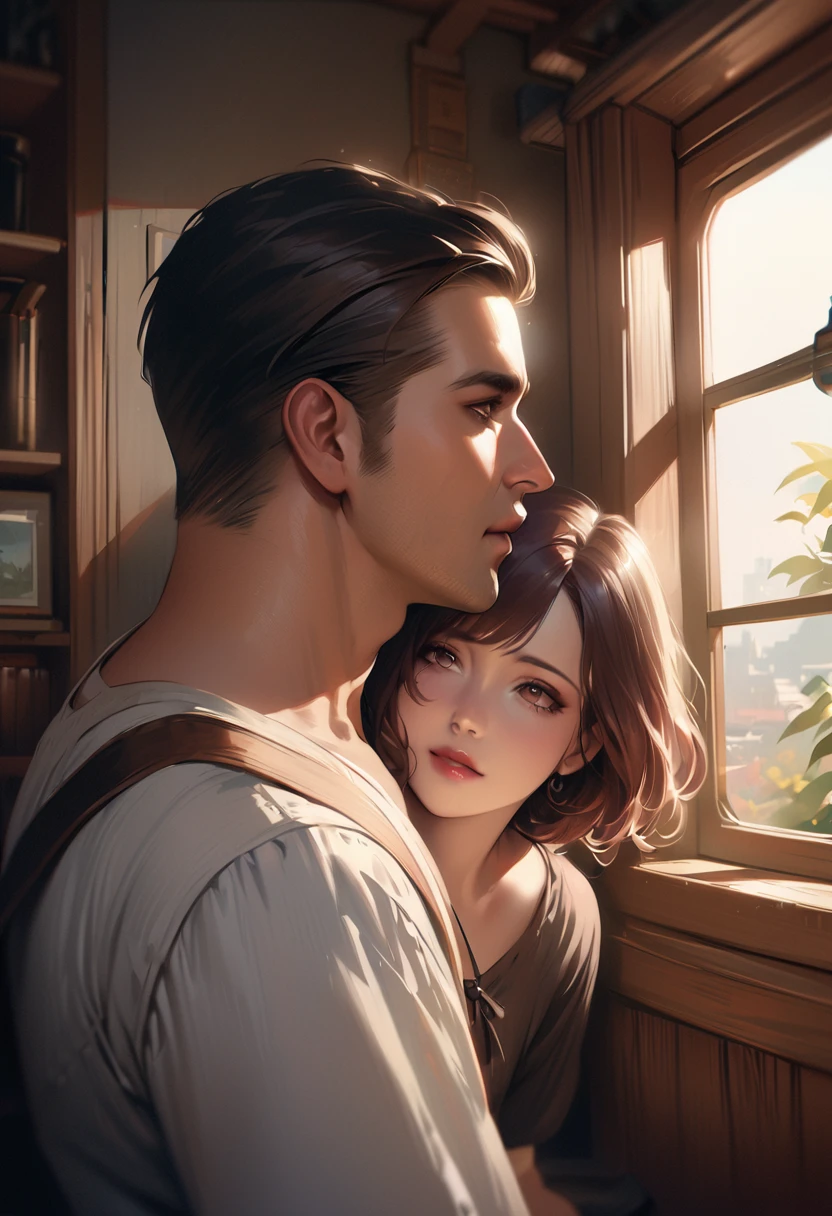 realistic painting of a man and woman kissing while being watched through a window, cinematic composition, trending on ArtStation