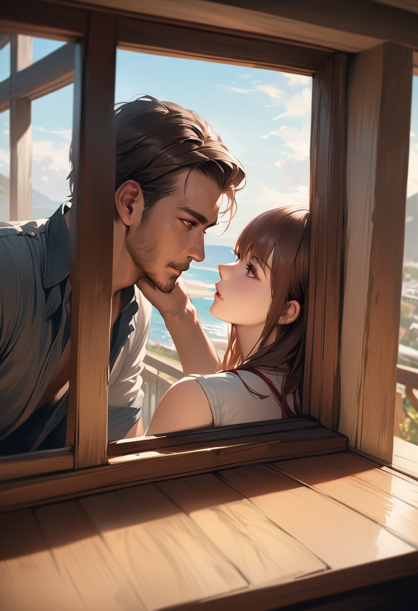 realistic painting of a man and woman kissing while being watched through a window, cinematic composition, trending on ArtStation