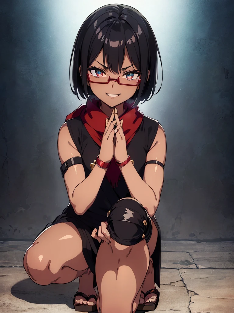 (flat chest), (masterpiece:1.2), highest quality, High resolution, unity 8k wallpaper, (fine and beautiful eyes:1.6), highly detailed face, perfect lighting, Detailed CG, (perfect hands, perfect anatomy), (1 girl:1.4), 20 years old,( black hair:1.3), extremely beautiful detailfeminine face and eyes, (evil smile:1.4), detailed eyes, best quality,( dark skin:1.8), extremely detailed, very precise detailed,(glasses:1.3), blunt bangs, open mouth, (very short pixie cut:1.2), (geta:1.2),(fingerless gloves:1.5), smile, half closed eyes,long sidelocks,(long red Scarf:1.3),(sleeveless yukata),(on one knee:1.7) ,(own hands clasped:1.8), (spread legs:1.2),(kuji-in:1.5),(index fingers up:1.3),(one knee down:1.7) ,(elbows up:1.7)