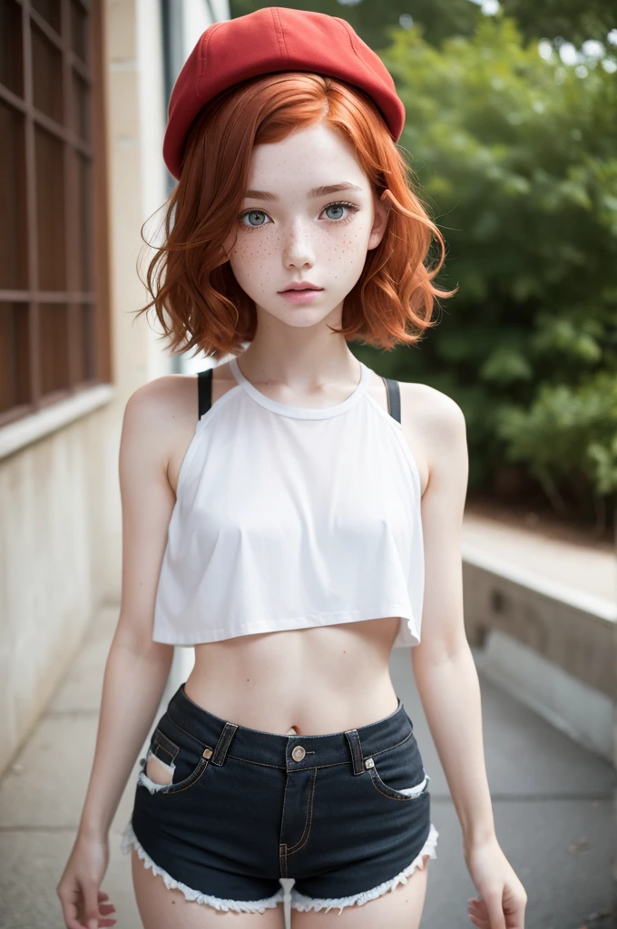  adolescent, redheadwear, short wavy hair, freckles on the face, heterochromia, anorexic, skeletal body, wearing top and shorts.