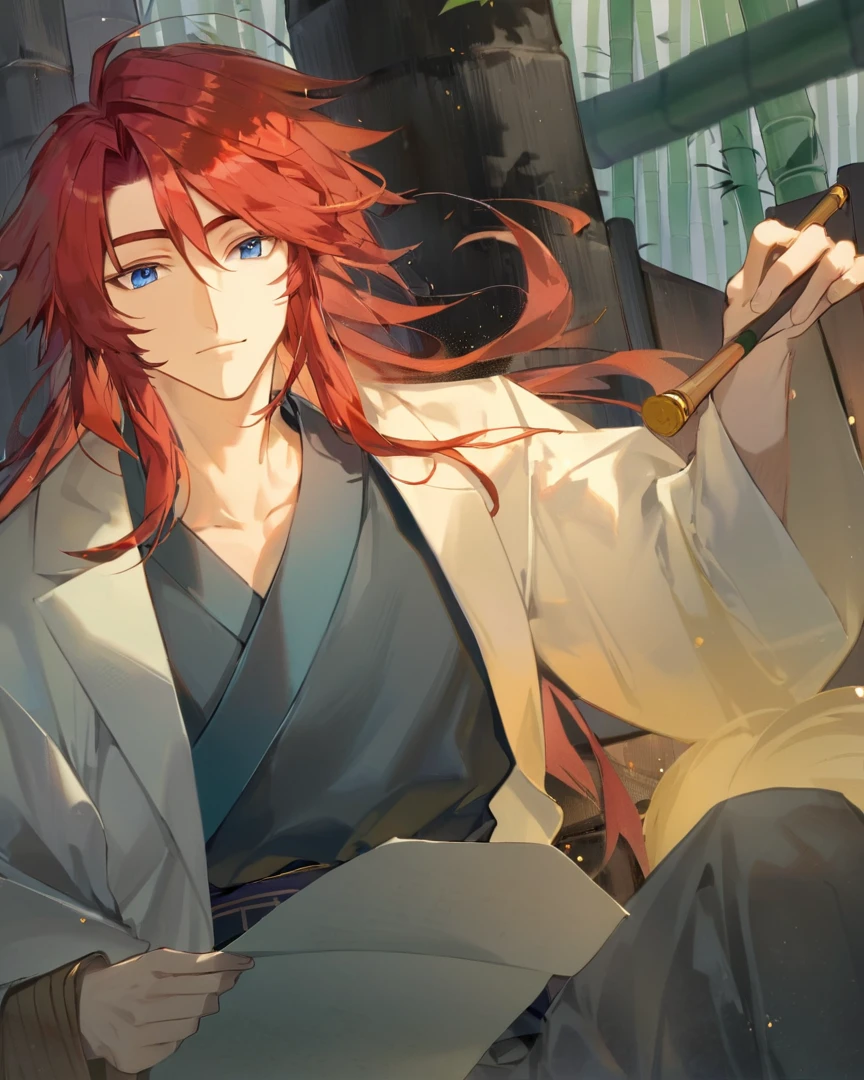 Red hair ancient style man，Strong male，White coat，Blue lining，Hold the scroll，bamboo背景，bamboo，Red fox
