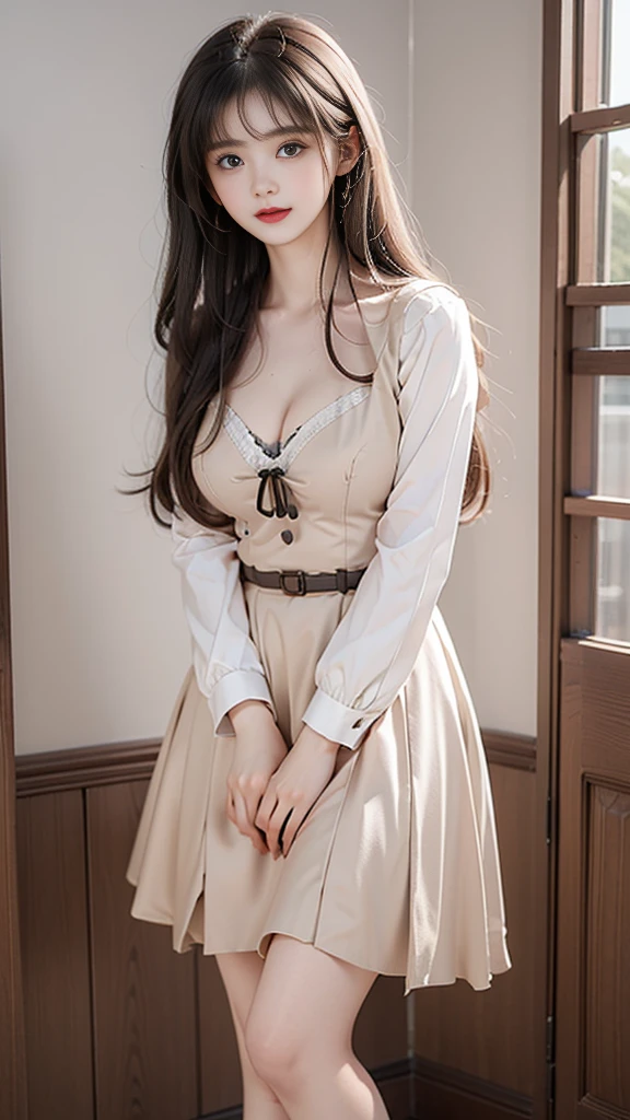 nogizaka_custom ((knee shot)), ((Shoot at random angles)), ((Visible cleavage)), ((E-cup)), ((I-type Valley)), ((Warm colors)), Long-range shooting, A beautiful woman，Elegant posture，Standing，Slender figure。Her legs are slender and straight，Cross placement，Forming a perfect diagonal composition。Head gently sideways，Long blond hair falls naturally，Gently brushing her shoulders。Soft colors，In stark contrast to her fair skin。The edge of the skirt ripples gently，As if swaying in the breeze。Her eyes were gentle，There is a faint smile on the lips。The whole picture looks very harmonious and beautiful