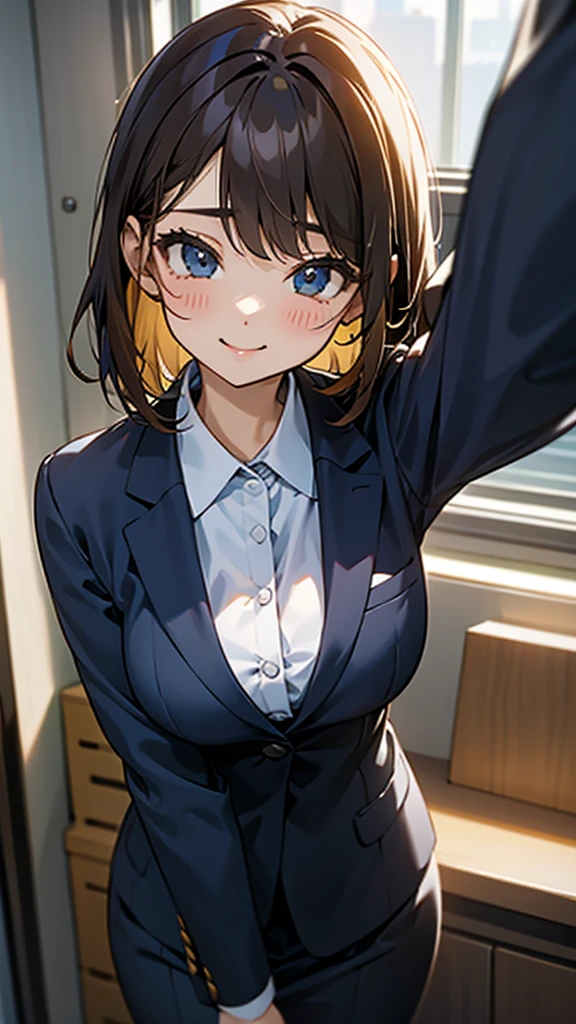 (masterpiece, Official Art), One Girl, Black Hair, blue eyes, hair ornaments, Hair Clip,  (school uniform), (shirt), (tie), (skirt), (Wet), (Upper Body), (close), (Huge breasts), Very good、Bright classroom、 Show Viewer, Grin, attractive, blush, attractive服, (close), (Place your hands behind your head), (Upper Body), Short Bob