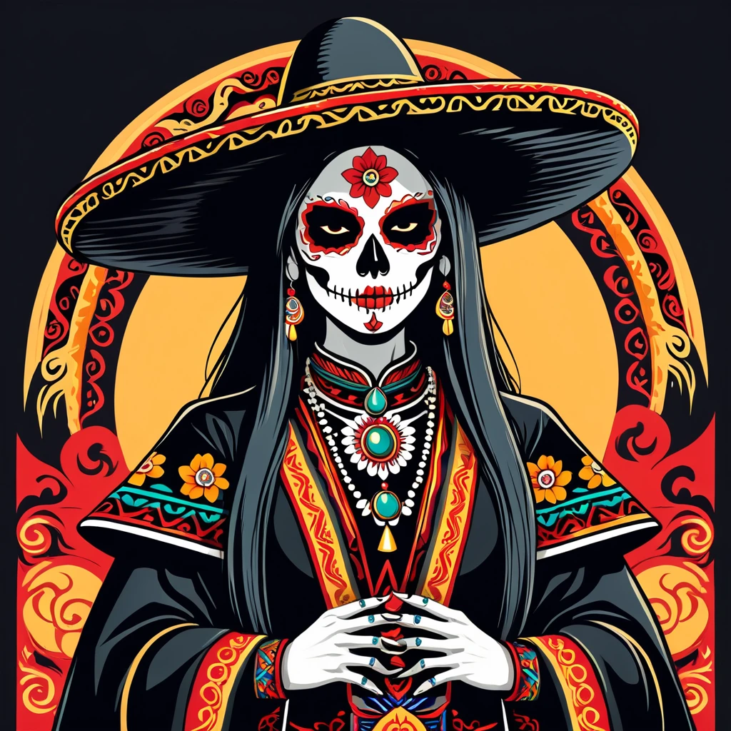 japanese necromancer in mexican folk outfit, vector graphics, strong contours