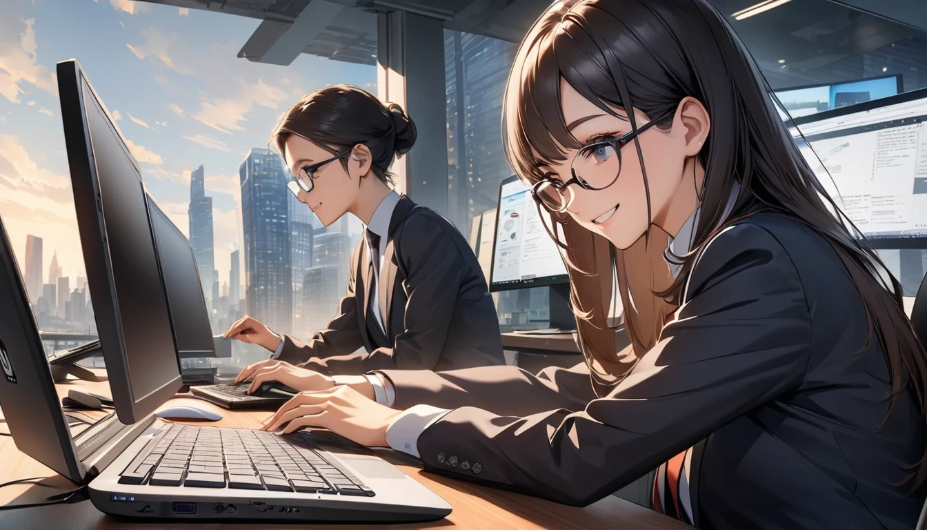 Office workers working on a computer,Portraiture,Professional,Wearing a smart suit,Stylish glasses,Typing on a sleek laptop,Use a wireless mouse,Sitting at a modern desk,Smile confidently,City skyline in the background,Soft natural light,High resolution,High resolution,Very detailed.