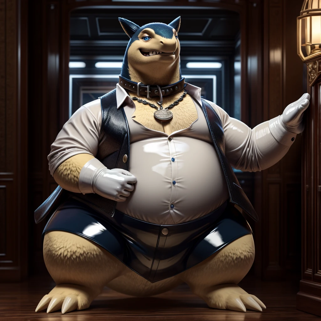 Solo, Male, fat, extremely obese, gentleman, dapper Professor Typhlosion, mob boss, blue eyes, (posing:1.3), (soft shading), 4k, hi res, ((detailed face, detailed)), looking at viewer, mouth wide open, dapper clothing, collared shirt with buttons, bowler hat, male focus, Explorer Outfit, glasses, monocle, vest with buttons, sleeves rolled up, round eyewear, brown headwear, brown vest, office, Typhlosion is wearing a glossy leather dog collar around the neck, Typhlosion is wearing the leather collar and shirt and vest at the same time, Typhlosion is wearing glossy white rubber gloves on the hands, wearing white rubber gloves on the feet, gloves are rubber in texture, clenching teeth, clenching fists, leather collar is glossy and shiny with a lot of detail, Typhlosion is wearing gloves and leather collar at the same time, leather collar has a round dog-tag, leather collar is thick and detailed, leather collar is glossy and shiny, fancy clothing, dapper vest, dapper shirt, leather collar is thick, glossy leather collar.