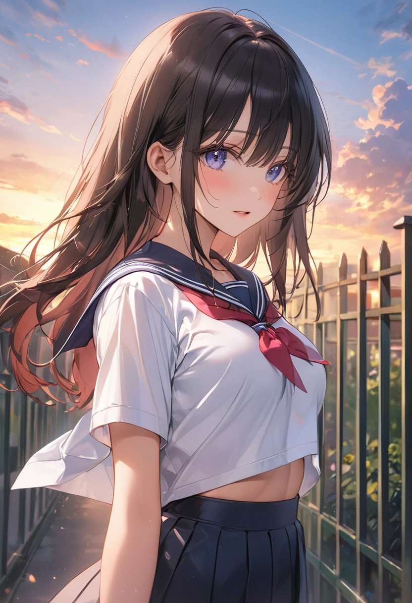 ((Highest quality))、((masterpiece))、(detailed)、((Anatomically correct))、(High resolution、8K)、One Woman、aldult、adult、look at me、Look forward、(Ultra-glossy skin with attention to detail:1.1)、Glowing Skin、bangs、Long Hair、Straight Hair、Black Hair、Hair fluttering in the wind、(Beautiful Eyes:1.1)、Slender、Sailor suit、(shirt lift:1.5)、(White lace bra:1.2)、F Cup、Cleavage、School、school gate、evening、Beautiful sunset