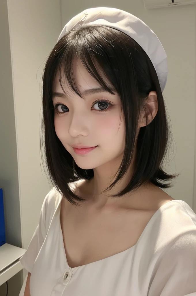 (1 Girl )、(24years old,Beautiful Japanese,round face、Refreshing、clear、seems kind、stylish、Pitiful、cute like an angel、cute、black eyes、(Single eyelid:1.3)、(Beautiful skin), {(Japan human face:1.2),(General facial features)} , (((Beautiful breasts:1.0))),(((soft breasts))),(very cute),(enchanting eyes),(highlight on eyes:1.2)、(black hair),(very short hair),(8K、Live shooting、highest quality、masterpiece:1.2、optimal lighting),((Photo taken by a professional photographer)),(real、photo real:1.4),BREAK,{ (( nurse costume)),traditional nuese uniform,Cleavage:0.3},break, hospital,from below,(((1970s vibe)))、Hospital ,hospital room,face shot:1,顔のクローズアップ,(Kissing Face),smile:1.2,(looking at viewer),(Protrude lips:1.4),leaning forward