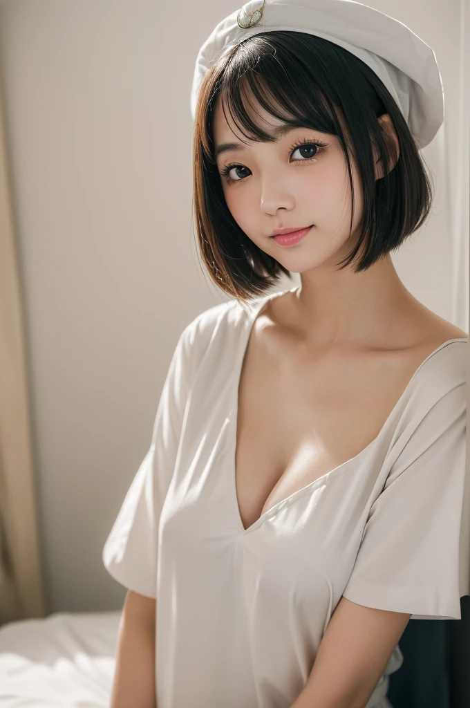 (1 Girl )、(24years old,Beautiful Japanese,round face、Refreshing、clear、seems kind、stylish、Pitiful、cute like an angel、cute、black eyes、(Single eyelid:1.3)、(Beautiful skin), {(Japan human face:1.2),(General facial features)} , (((Beautiful breasts:1.0))),(((soft breasts))),(very cute),(enchanting eyes),(highlight on eyes:1.2)、(black hair),(very short hair),(8K、Live shooting、highest quality、masterpiece:1.2、optimal lighting),((Photo taken by a professional photographer)),(real、photo real:1.4),BREAK,{ (( nurse costume)),traditional nuese uniform,Cleavage:0.3},break, hospital,from below,(((1970s vibe)))、Hospital ,hospital room,face shot:1,顔のクローズアップ,(Kissing Face),smile:1.2,(looking at viewer),(Protrude lips:1.4),leaning forward