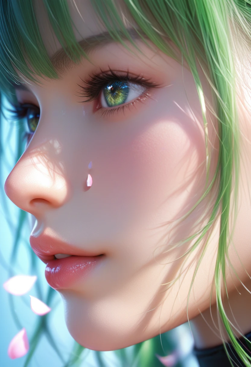score_9, score_8_superior, score_7_superior, Girl Profile Pic, Long, bright green hair with bangs, Light blue petals on my cheeks, Realistic skin texture, Detailed Images, close-superior, 32k resolution