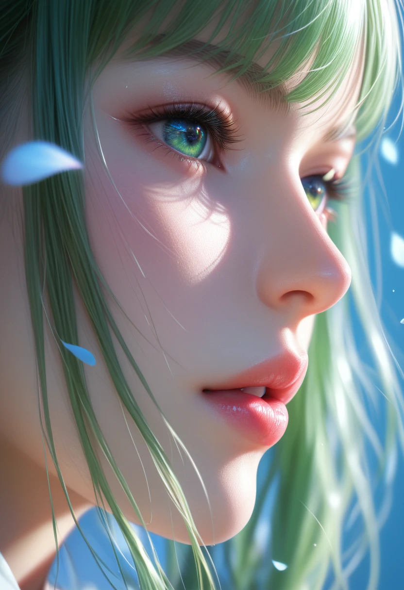 score_9, score_8_superior, score_7_superior, Girl Profile Pic, Long, bright green hair with bangs, Light blue petals on my cheeks, Realistic skin texture, Detailed Images, close-superior, 32k resolution