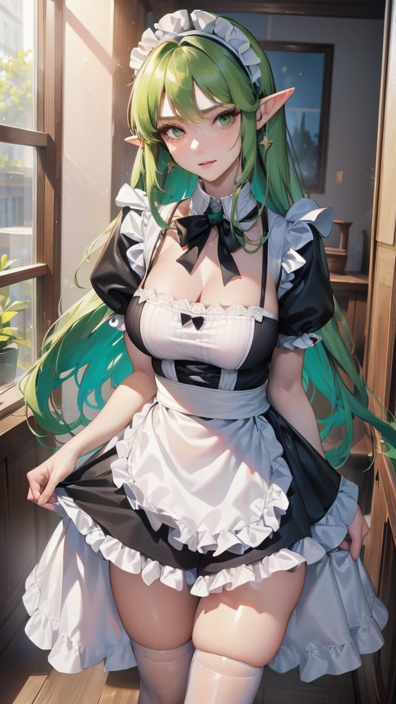 (art: 1.2), (best quality: 1.2) 1 woman, elf woman, European elf maid, mature, tall (1.85), looked to be around 30 years old, she had long emerald green hair, straight shiny hair with Korean bangs, green eyes like the most beautiful emerald, ultra realistic eyes, super detailed eyes, eyes well proportioned to your face, extremely detailed eyes, perfect eyes, extremely realistic eyes, well aligned eyes, thin chin, ultra feminine chin long eyelashes , anime style, slightly pointed ears, ears well proportioned to her face, ultra detailed ears, perfect ears, Perfect Face, face that looks 28 years old, full lips, motherly smile, mature, Fair skin, slender body, natural body, body sexy, mature body, hands on waist, perfect hands, detailed hands, hands well proportioned to the body, realistic hands, slender arms with good anatomy, she wore a European style maid outfit that still couldn't hide her huge and large breasts that hung down due to her size, tight black dress, white apron, slim waist, thighs thick and wide hips, looking at the viewer, background in a Victorian era style wooden house, posing with her back in a sense of presentation, alone, looking for the viewer