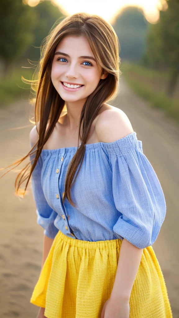 One girl、Highest quality, masterpiece, Brown Hair, Long Hair, High resolution, Textured skin, Ultra high definition, Medium Hair, Shiny Hair, Hair blowing in the wind, chest, smile, blue eyes, smiling, Close one eye, Yellow off-the-shoulder shirt、mini skirt