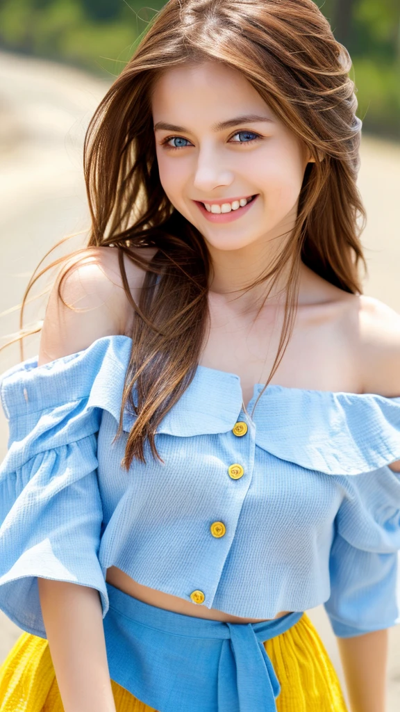 One girl、Highest quality, masterpiece, Brown Hair, Long Hair, High resolution, Textured skin, Ultra high definition, Medium Hair, Shiny Hair, Hair blowing in the wind, chest, smile, blue eyes, smiling, Close one eye, Yellow off-the-shoulder shirt、mini skirt