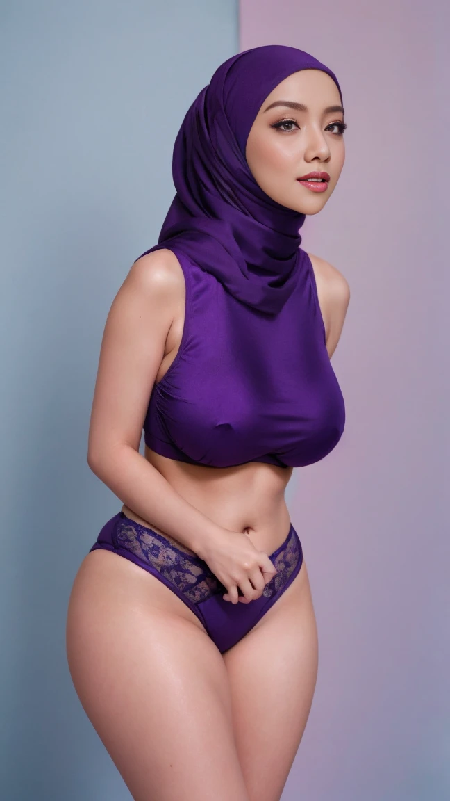 ((HIJAB)), Malay girl in hijab wearing sexy purple color satin bra and panties photography, ultra detail, professional photograph with professional lighting, moan, light blue studio background, sexy seducing pose, curvy. ((BOOBS))