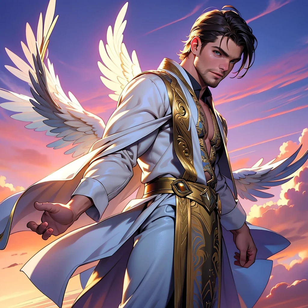 32k,masterpiece, best quality, detailed face, natural eyes,1man, solo mature man, muscled and mature, stephen amell as an angel , wearing a see thru transparent robe with golden embroidery , wearing 2 DOMINANT angel's wings , showing muscles ,floating and flying in the sky with clouds , full body, intricate Detailed background at sunset