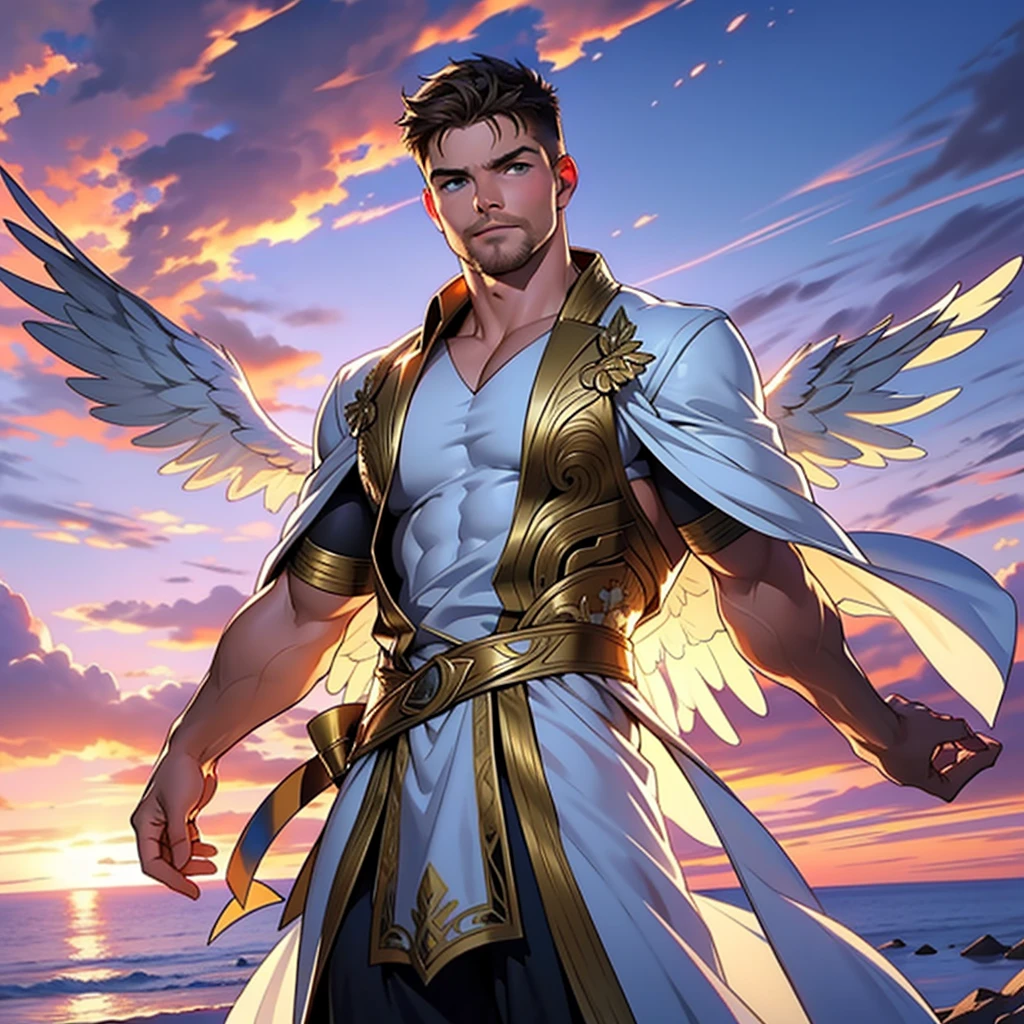 32k,masterpiece, best quality, detailed face, natural eyes,1man, solo mature man, muscled and mature, stephen amell as an angel , wearing a see thru transparent robe with golden embroidery , wearing 2 DOMINANT angel's wings , showing muscles ,floating and flying in the sky with clouds , full body, intricate Detailed background at sunset