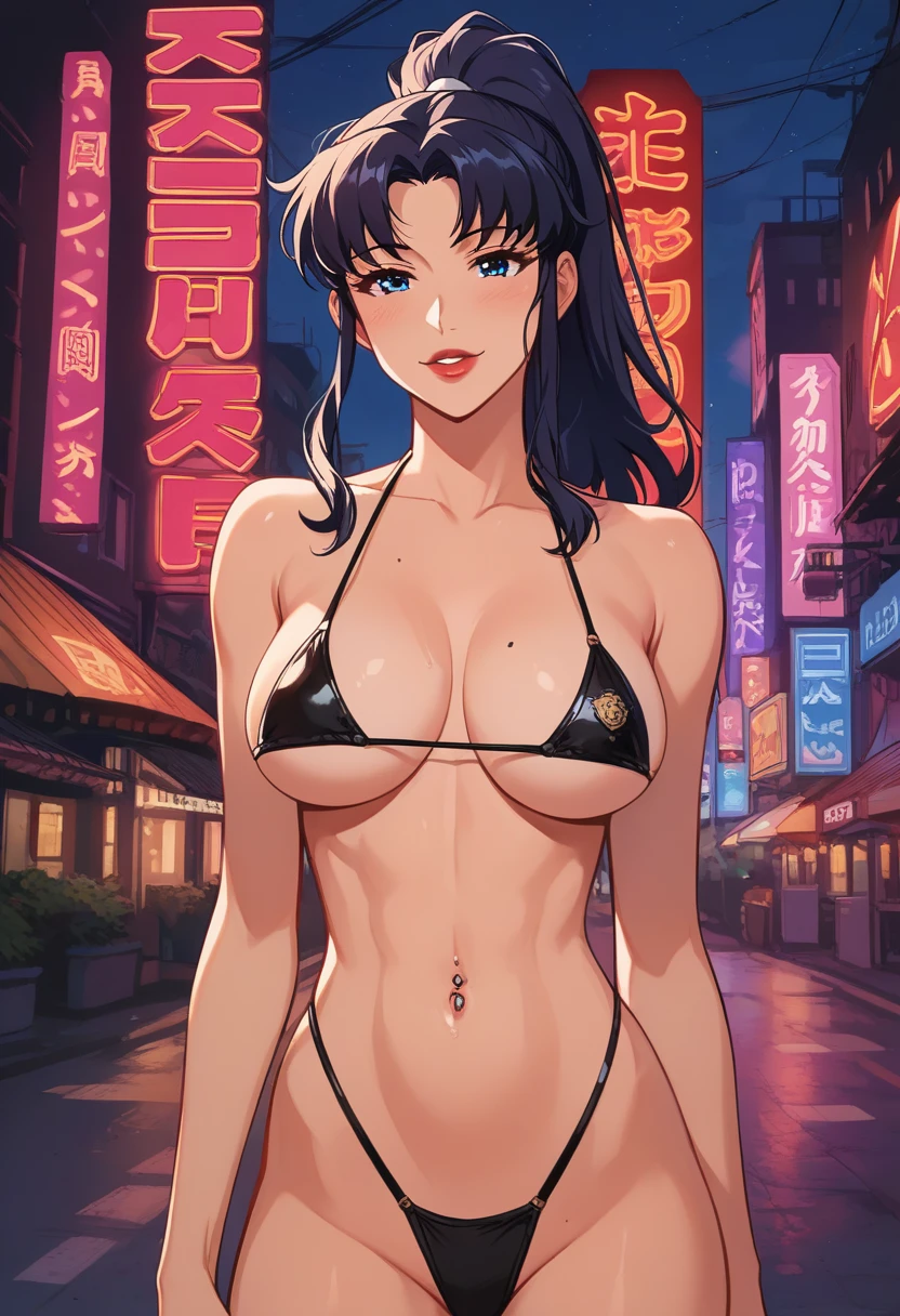score_9, score_8_up, score_7_up, score_6_up, score_5_up, score_4_up, 1girl, Misato Katsuragi BREAK upper body, view from front, facing viewer, closeup of face, seductive look BREAK (wearing black micro bikini), (long black hair), ponytail, bright detailed blue eyes, (big eyes, well opened eyes), (large breasts), cleavage, arched back, standing, tiny waist, (flat stomach), athletic BREAK neo tokyo well lit highrise building, filled with neon signs, well lit by red neon lights, translucid, fine red lips, pinup pose BREAK official art, masterpiece