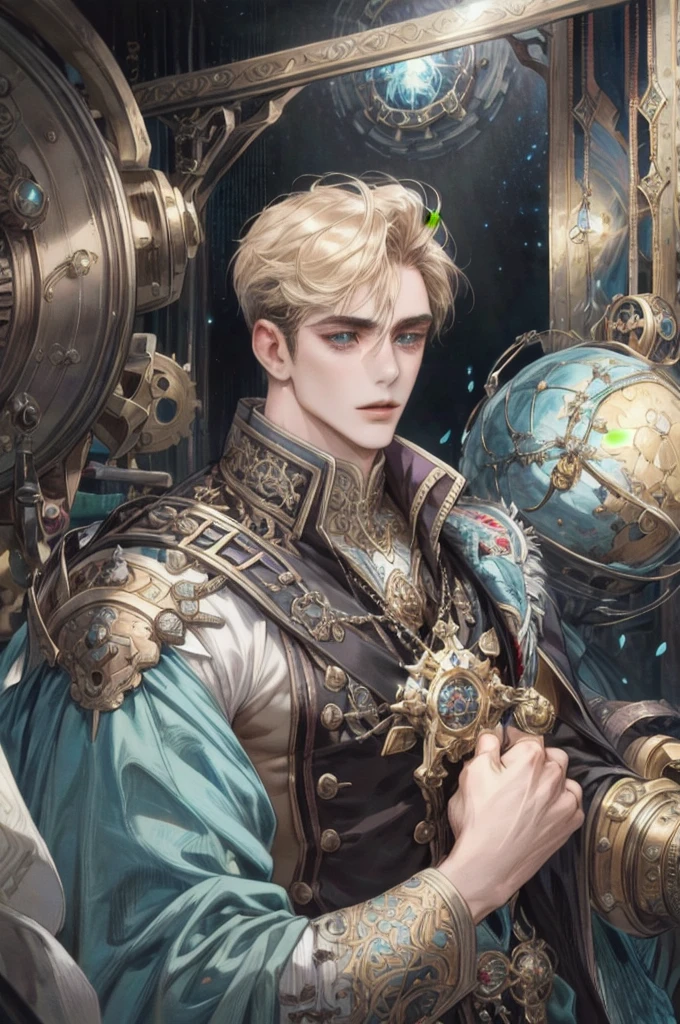 (Intricate Details, Masterpiece, Best Quality, High Resolution, 8k), (1man), (male:1.2), mature, dandy face, finely detailed eyes and face, toned body, masculine appeal, commanding presence, hot stud, bulging biceps and triceps, well-developed quadriceps and hamstrings, light skin, burgundy straight layered bangs hair, aquamarine eyes,  ornate details,  portrait, solo, half shot, looking down, detailed background, detailed face, (cogpunkai, cogpunk theme:1.1),  tech-mage,   [magic|technology], melding of spellcraft and advanced technology,  intricate [spellcasting clothes|mechanical gear], gear shaped glyphs,  ancient crystals,  [gears|ancient spell],  floating particles,  [innovative|enchanting] aura, high tech vehicle in background,   , finely detailed background, Depth of Field, VFX