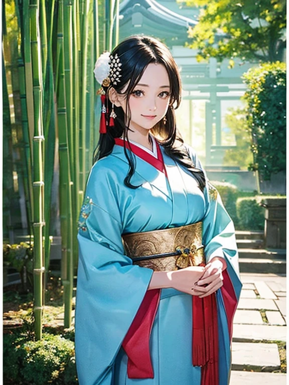 (Highest quality、 8k wallpaper、masterpiece、High resolution)、Vibrant colors、The Tale of the Bamboo Cutter、The Tale of Princess Kaguya、Elegant and beautiful woman with long black hair、A kind look、Smile on the lips、Traditional costumes of Japan、12 Single layer costume、whole body、Detailed Background、(Tall bamboo, starry sky and full moon)、Detailed digital art、