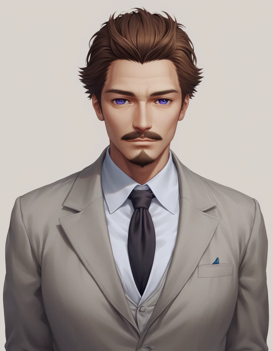 1man, mature male, parted bangs, medium-short hair, brown hair, muscular male celeb, short goatee, short mustache, indigo eyes, gentleman, elegant netori male, BREAK solo, white collared shirt, gray trench coat, black neck ribbon, in gentle sasaki style, visual novel, 2010s, extreme all detailed, masterpiece, best quality