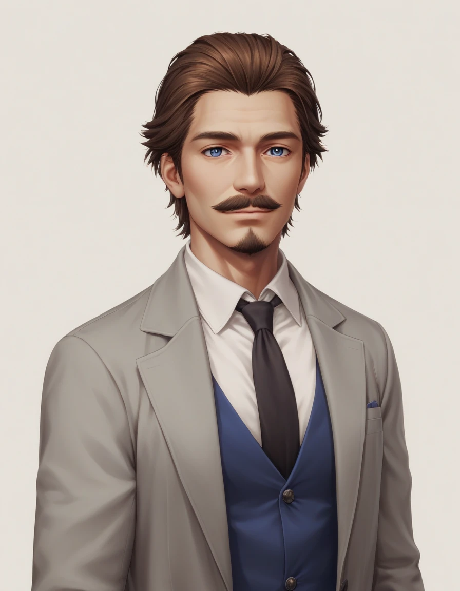 1man, mature male, parted bangs, medium-short hair, brown hair, muscular male celeb, short goatee, short mustache, indigo eyes, gentleman, elegant netori male, BREAK solo, white collared shirt, gray trench coat, black neck ribbon, in gentle sasaki style, visual novel, 2010s, extreme all detailed, masterpiece, best quality