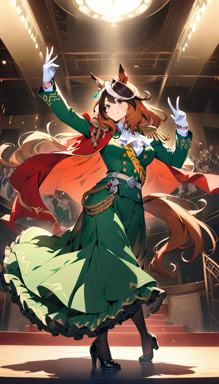 (8k, RAW photo, highest quality, masterpiece), (solo, 1 girl, ahoge: 1.2), ink painting, Uma Musume, shine, horse ears, horse tail, Uma Musume, 5 fingers, dynamic lighting, High resolution, sharp focus, depth of field, fashionable, elegance, charming, seductive, gorgeous, stunning, beautiful, charming, cute, beautiful detailed face, beautiful detailed eyes, soft expression, slim beautiful figure, Curvy, hourglass shape, large bust, slender arms, graceful hands, delicate fingers, slender wrists, elegant neck, smooth skin, dynamic angles, perfect composition, Perfect anatomy, natural fingers, 5 fingers,((symboli rudolf \(umamusume\),full body, smile, Looking forward, stage, indoors, dancing,white gloves, black thighhighs,  white ascot, red cape, single epaulette, long sleeves, green jacket, frills, medal, jewelry, green skirt, buttons,