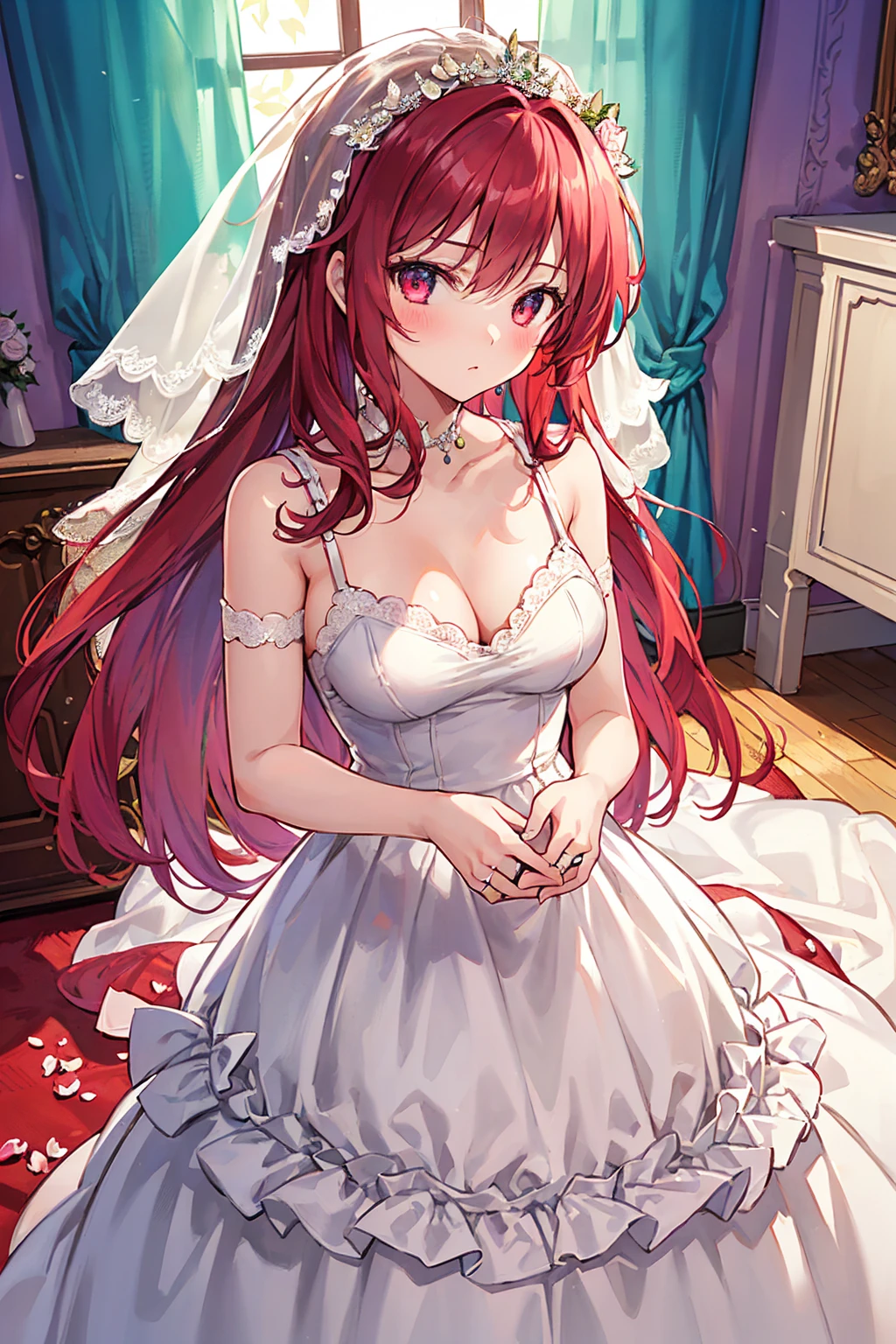One girl, masterpiece, High resolution, Sonic Edge_Rias_Gremory,Long Red Hair, ((Wedding dress, room, Bridal Lingerie, Wedding Themes))