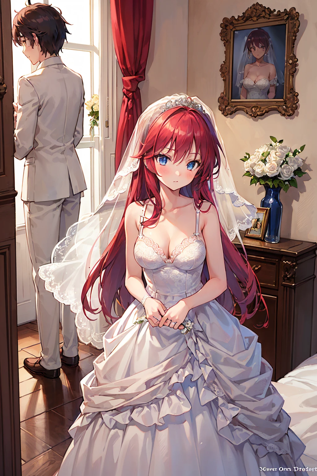 One girl, masterpiece, High resolution, Sonic Edge_Rias_Gremory,Long Red Hair, ((Wedding dress, room, Bridal Lingerie, Wedding Themes))