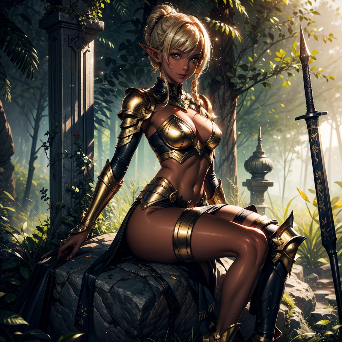 1girl, (solo), elf, short braids hair, gold hair, long pointed ears, (gold eyes), smile, arrogant, small breasts, tanned skin, gold armor, sword planted, sitting on a rock, jungle behind, medieval japanese town, (days), (very sexy body, detailed face, detailed eyes, masterpiece, highly detailed, 8k, best quality, vibrant colors, digital art, concept art)