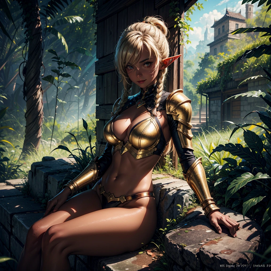 1girl, (solo), elf, short braids hair, gold hair, long pointed ears, (gold eyes), smile, arrogant, small breasts, tanned skin, gold armor, sword planted, sitting on a rock, jungle behind, medieval japanese town, (days), (very sexy body, detailed face, detailed eyes, masterpiece, highly detailed, 8k, best quality, vibrant colors, digital art, concept art)