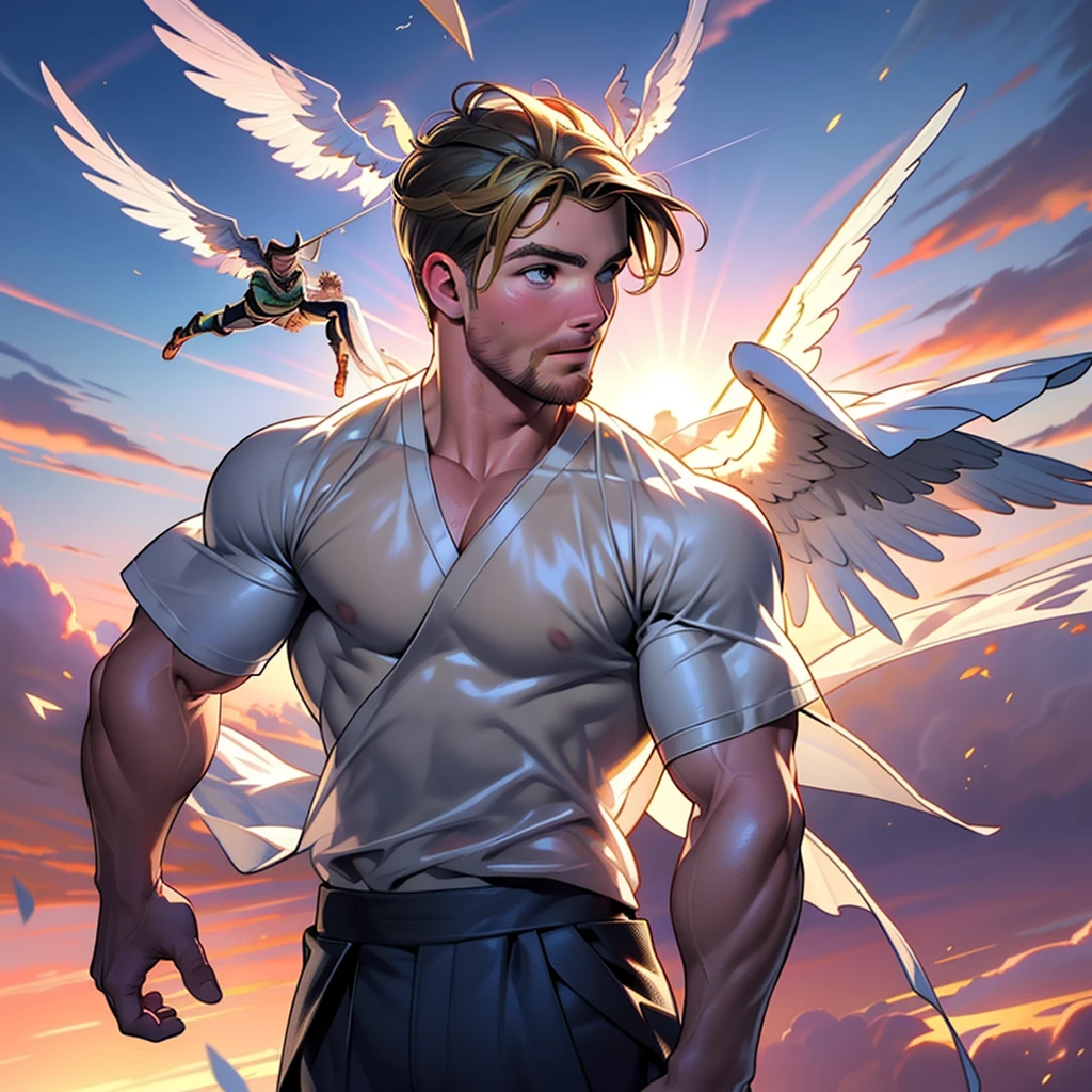 32k,masterpiece, best quality, detailed face, natural eyes,1man, solo mature man, muscled and mature, (((stephen amell))) as an angel , wearing a see thru transparent robe with golden embroidery , wearing 2 DOMINANT angel's wings , showing muscles ,floating and flying in the sky with clouds ,  full body, intricate Detailed background at sunset