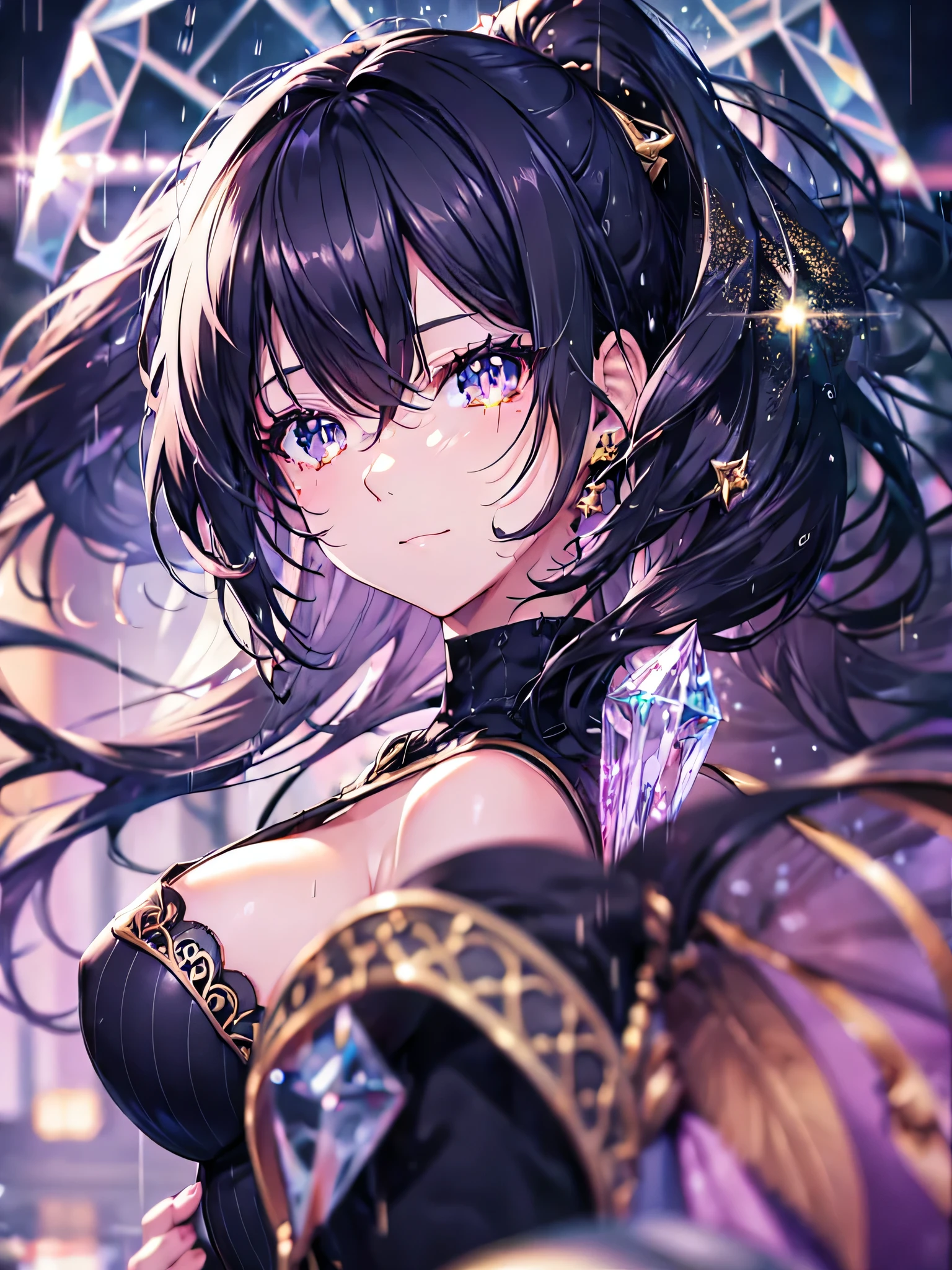 ((ultra detailed, exquisite quality, absolutely resolution)), (anime moe art style:1.3), (((solo girl))), (((black Diamond dress))), (((dress at brilliancious, glare, glitter, reflections, prisms, transparency:2)), (huge breasts:1.5), (hair, ponytail, fluffy long Expressive), head tilt, happy smile, looking at viewer, (finger to mouth), (((face close-up, face focus, eyes focus, blurry background, depth of field:2))), (isometric 3D, octane render, ray tracing:1.5), cinematic shadows, backlighting, (particle effect, caustics:1.5), ((super detailed skin)), (hyper detail delicate eyes, hyper beautiful eyes), (bright pupils),  ((pupils)),  lip focus, light lips, (feathers:1.3) , (rainy landscape:1.5)
