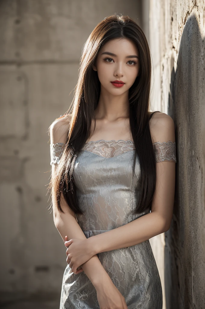 (((best quality))),(((ultra detailed))),(((masterpiece))),illustration,((1 beautiful girl,solo)),((slim,thin)),((small breasts,flat chest)),(shoulder length straight hair:1.2),summer afternoon,((unfinished concrete room,alluring,gray walls)),(short sleeves:1.2),(black lace dress:1.3),(seductive,elegant,full bosom,fair skin,golden strands,delicate features,deep brown eyes,mischief,mystery,enchanting smile,vibrant red lips,serene beauty,self-assuredness,industrial ambiance,raw cement walls,exposed pipes,sexuality,allure,refined beauty,compelling visual narrative,seductive gaze,elegant posture,industrial backdrop,lasting impression,((standing,from front,upper body))