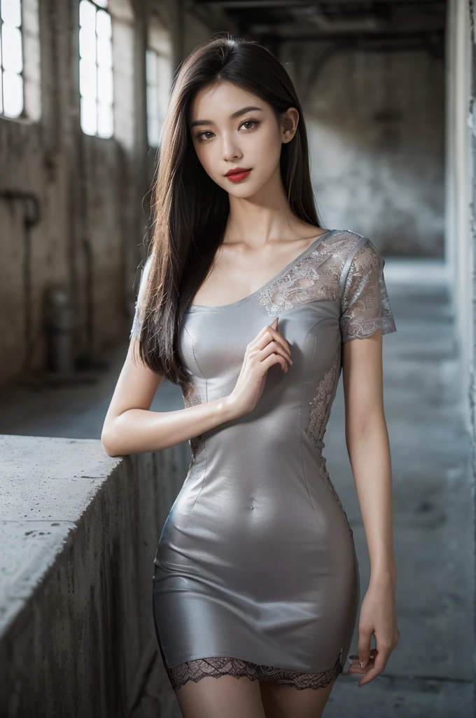 (((best quality))),(((ultra detailed))),(((masterpiece))),illustration,((1 beautiful girl,solo)),((slim,thin)),((small breasts,flat chest)),(shoulder length straight hair:1.2),summer afternoon,((unfinished concrete room,alluring,gray walls)),(short sleeves:1.2),(black lace dress:1.3),(seductive,elegant,full bosom,fair skin,golden strands,delicate features,deep brown eyes,mischief,mystery,enchanting smile,vibrant red lips,serene beauty,self-assuredness,industrial ambiance,raw cement walls,exposed pipes,sexuality,allure,refined beauty,compelling visual narrative,seductive gaze,elegant posture,industrial backdrop,lasting impression,((standing,from front,upper body))