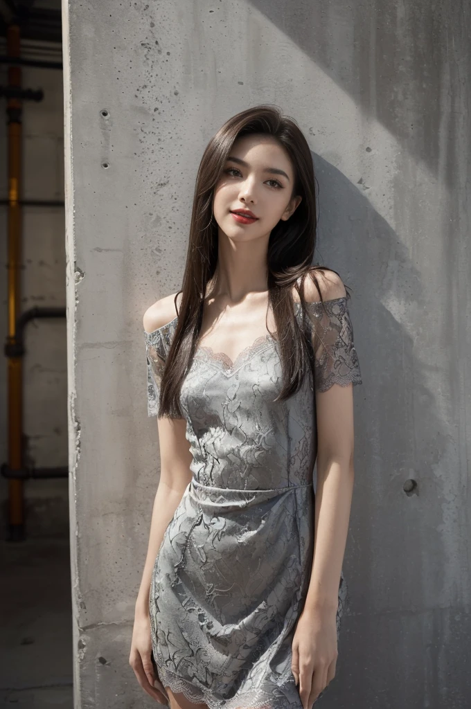 (((best quality))),(((ultra detailed))),(((masterpiece))),illustration,((1 beautiful girl,solo)),((slim,thin)),((small breasts,flat chest)),(shoulder length straight hair:1.2),summer afternoon,((unfinished concrete room,alluring,gray walls)),(short sleeves:1.2),(black lace dress:1.3),(seductive,elegant,full bosom,fair skin,golden strands,delicate features,deep brown eyes,mischief,mystery,enchanting smile,vibrant red lips,serene beauty,self-assuredness,industrial ambiance,raw cement walls,exposed pipes,sexuality,allure,refined beauty,compelling visual narrative,seductive gaze,elegant posture,industrial backdrop,lasting impression,((standing,from front,upper body))