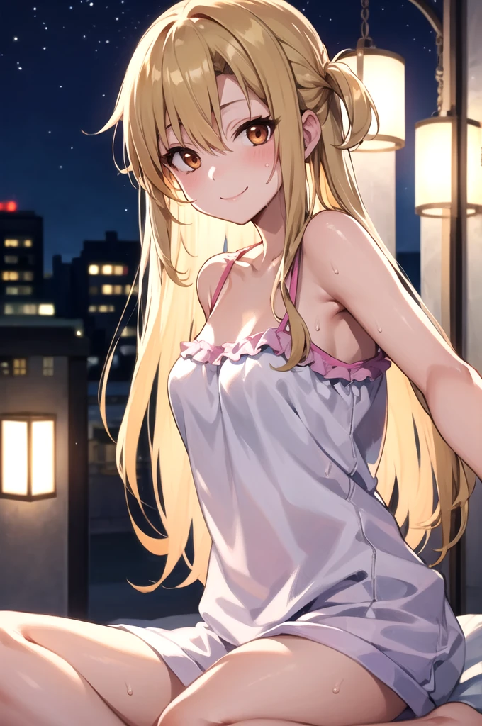 yuuki asuna,gold eye,camisole,frill,sweat,straight-on,look at viewer,Smile, in the night,bed