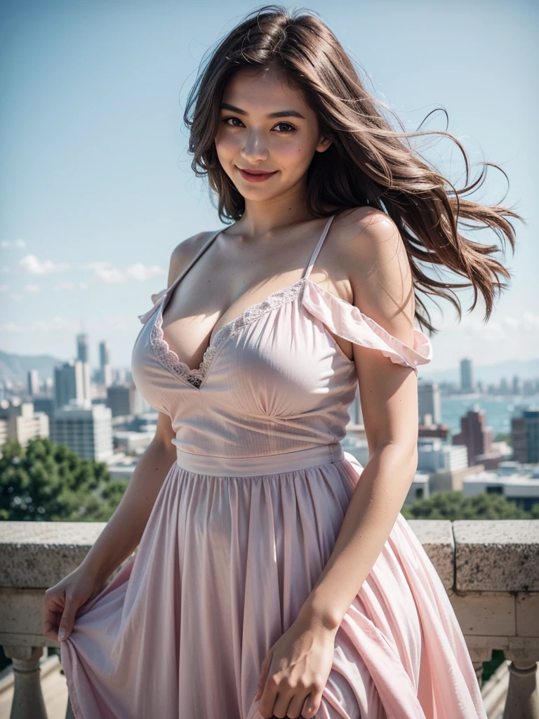 Raw photo, 25 years girl、Sexy, masterpiece、high resolution、off shoulders、summer  dress(Fluffy sway and wind)、Huge Large cleavage、a beautiful girl (High detailed skin:1.2),、beautiful thigh 、While looking at the camera、brunette、 Digital SLR, Soft lighting, High quality、Take in breathtaking views of the city in the background, Date、long wavy brown hair fluttering,smile、Colossal  , models、Sexy and dramatic, Staring at the whole body of the girl, standing, huge large beautiful breast, huge large deep cleavage, huge large round ass，huge large bubble butt ,muddy pink dress,
 ....Tall, Athletic, Triangular Face, Fair Skin, long brown Hair, hazel Eyes, [[Curved Nose]], Thick Lips, Round Chin, Instagram model, cheerful smile, coral stain lipstick,
Masterpiece, hi res, 8k, award winning, RAW photo, high quality, 35mm photograph, film grain, bokeh, professional, 4k, highly detailed, 