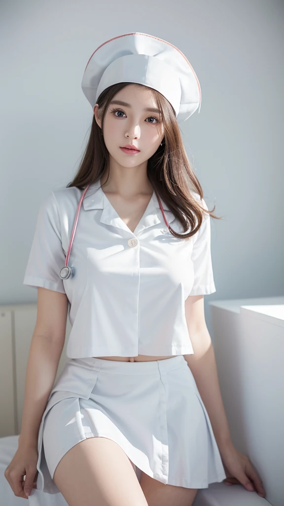 Surreal 8K CG,perfect faces,Impeccable perfection,ren,tmasterpiece,professional artwork,famous artwork,Innocent -yeld gi(Wearing a pink nurse's uniform, Wearing a nurse's hat)、Wear small cotton panties、sitting in bed、A Smile、Raw foto, (8K、Top Quality、masterpiece:1.2)、(delicate detail:1.4)、(Photorealcitic:1.4)、octan render、Complex 3D rendering, Ultra-detail, Studio Soft Light (Studio Soft Light) (Studio Soft Light (Studio Soft Light)), Rim Light, vibrant details, Super detailing, Realistic Skin Textures, Detail Face, Beautiful detail eyes, Highly detailed CG Unity 16k wallpapers, Makeup-, (detailed background:1.2), shinny skin、turned around、exposed thighs!!!、