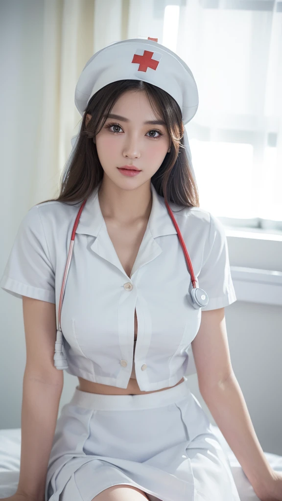 Highly detailed CG Unity 8K wallpaper, With the highest quality, super detailed, Master Piece, Realistic, photograph realistic, extremely detailed cute girl, 25 years old, ((nurse)) ,  blush , Round eyes, medium breasts, Chubby, looking viewer, cowboy shot , (sitting  a bed in a hospital) , (showing panties)