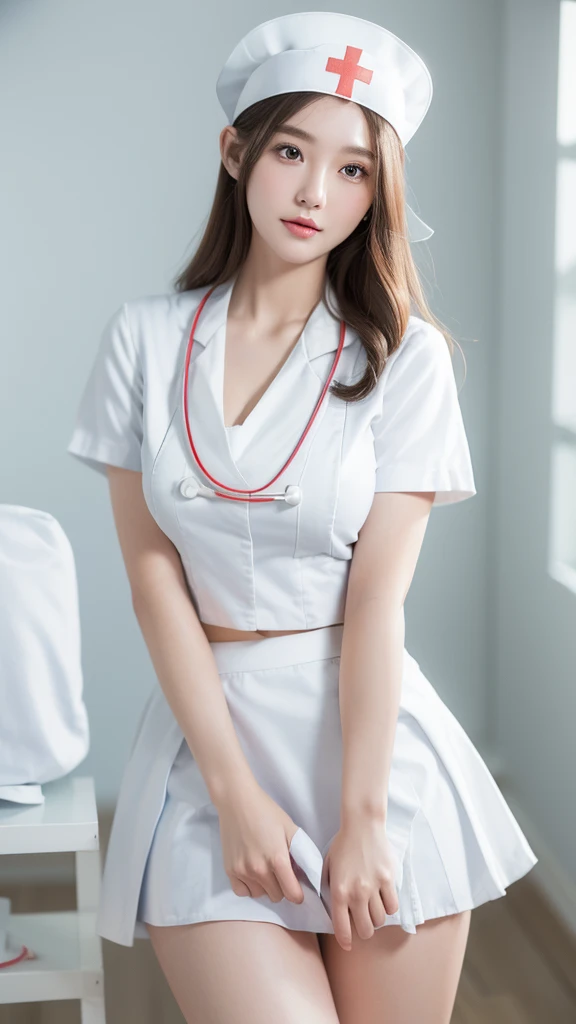 innocent 25 year old girl,giant :1.2,cleavage of breasts:1.2、(panty shot:1.3) (white nurse uniform:1.5),( White short skirt:1.5),(White nurse hat:1.5),(white nurse pumps:1.5), Angle:1.2、The background is a hospital room.、laugh,shortcut、RAW photos, (8k、top quality、masterpiece:1.2)、(intricate details:1.4)、(realistic:1.4)、octane rendering、Complex 3D Rendering Ultra Detailed, studio soft light, rim lights, vivid details, super detailing, realistic skin texture, detail face, Beautiful eye for detail, Highly detailed CG Unity 16k wallpaper, assembly, (detailed background:1.2), glowing skin, whole body