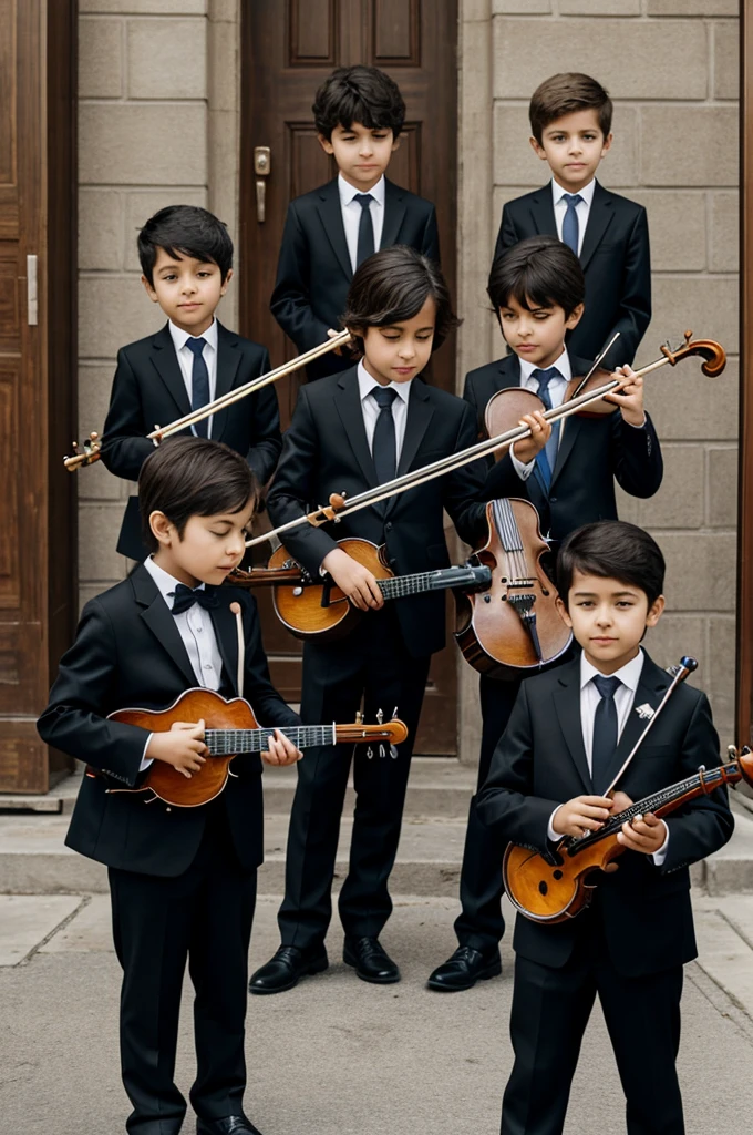 Children in black suits playing drums , guitar, low, violin,guitar electrica, flute and ocarina