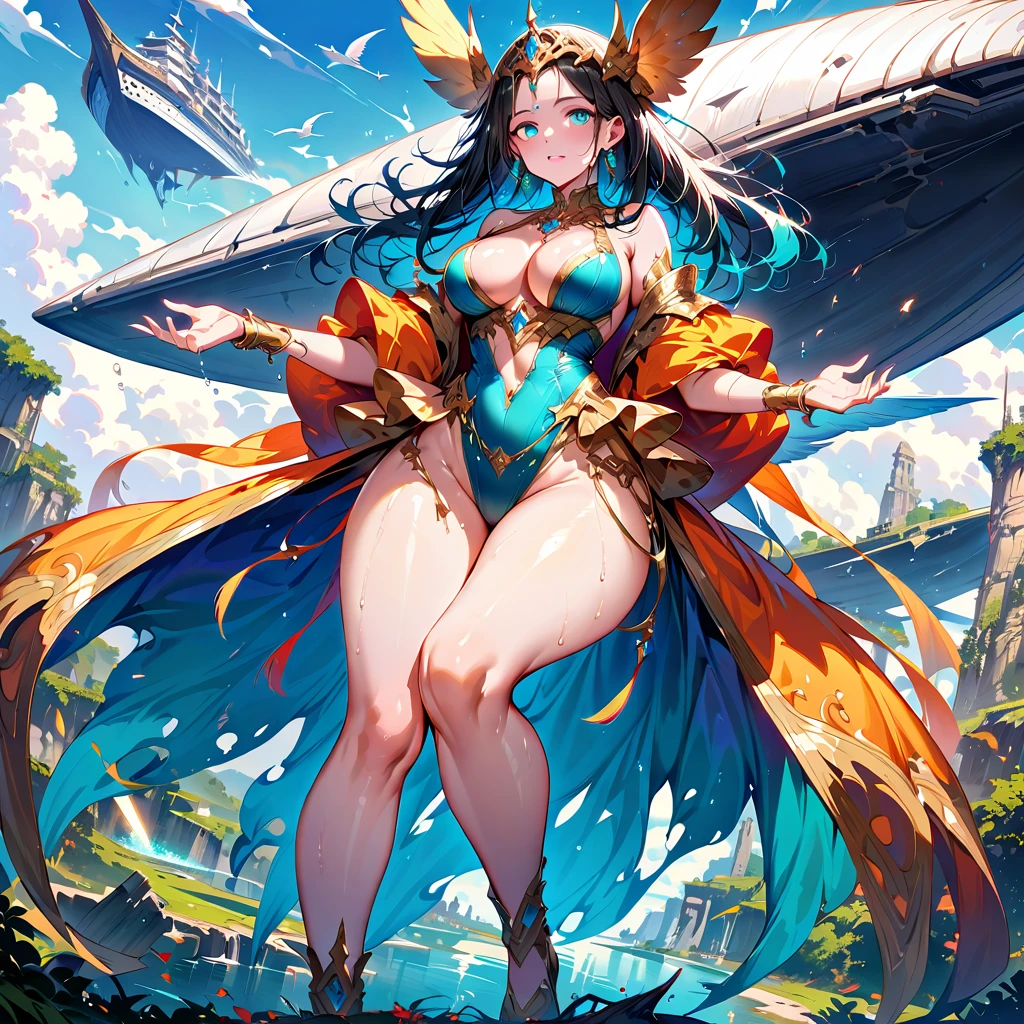 Fantastic Island,Ruins of an ancient civilization,Flying Ship,Flying Whale,flying fairy,(Highest quality,Extremely detailed depiction,Incredibly absurd high resolution,Anatomically accurate depiction,Nice hands, Perfect Fingers,Curvy Legs),(Glowing Skin,Shiny skin),A fantastic goddess in a gorgeous costume,There is cleavage in the chest,Glossy Lips,Sweat,Young beautiful woman,background:Mysterious sight,Fantasy