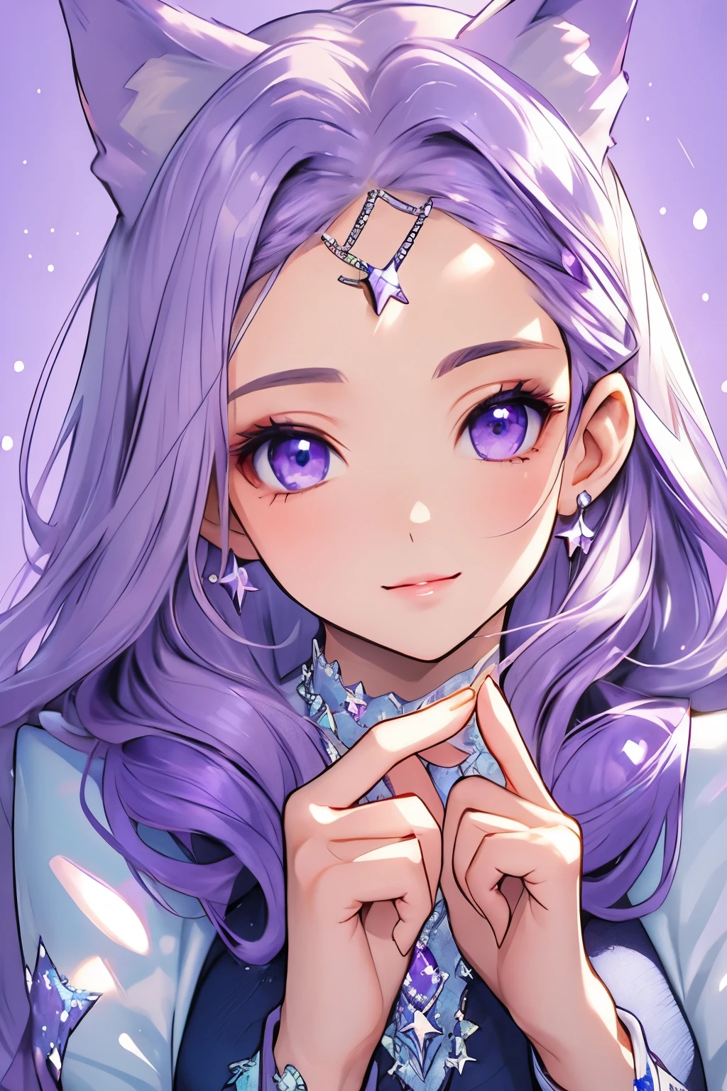 ((best quality)), ((masterpiece)), (detailed), detailed eyes, detailed hands, close up image of her face, female, light purple hair, light purple fox ears, detailed eight-pointed crystal star on her forehead, delicate and beautiful detailing, beautiful face, well-proportioned detailed purple eyes, round detailed purple eyes and makeup, beautiful detailed and clear purple eyes, volume smooth and sharp, best quality, very beautiful and meticulous eight-pointed crystal star on her forehead, delicate, must have an eight-pointed crystal star on forehead, mouth closed smile, not fully smiling, gazing out in wonder, starry background