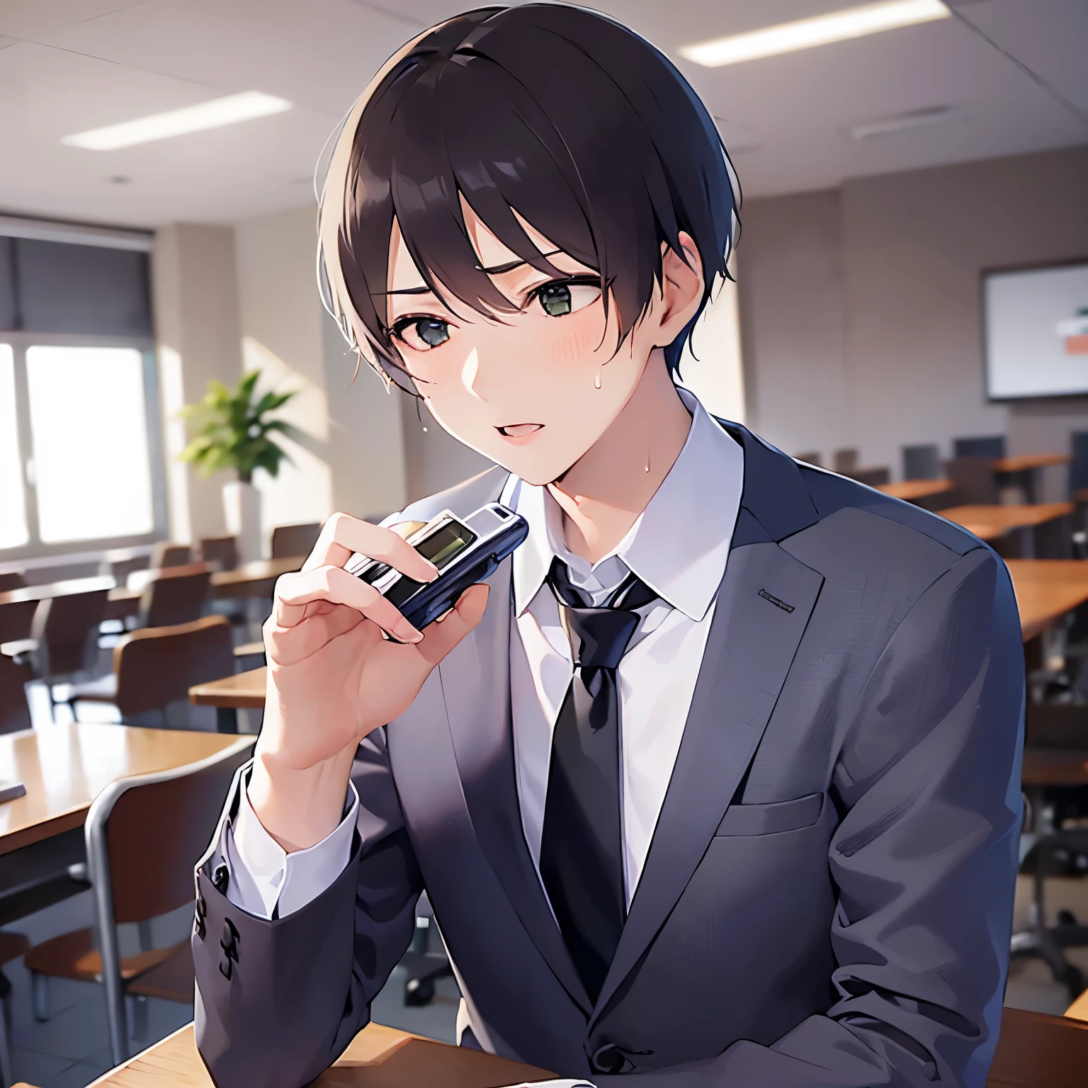 side angle, (looking away:1.5), upper body、masterpiece、Highest quality、(25-year-old male:1.5) and (Brown short hair) and (Green Eyes), (suit:1.5) and (Blue tie)、(confused:1.3), (sweat:1.2), The background is the conference room、(Alone:1.5)、Upper body is shown、Are standing