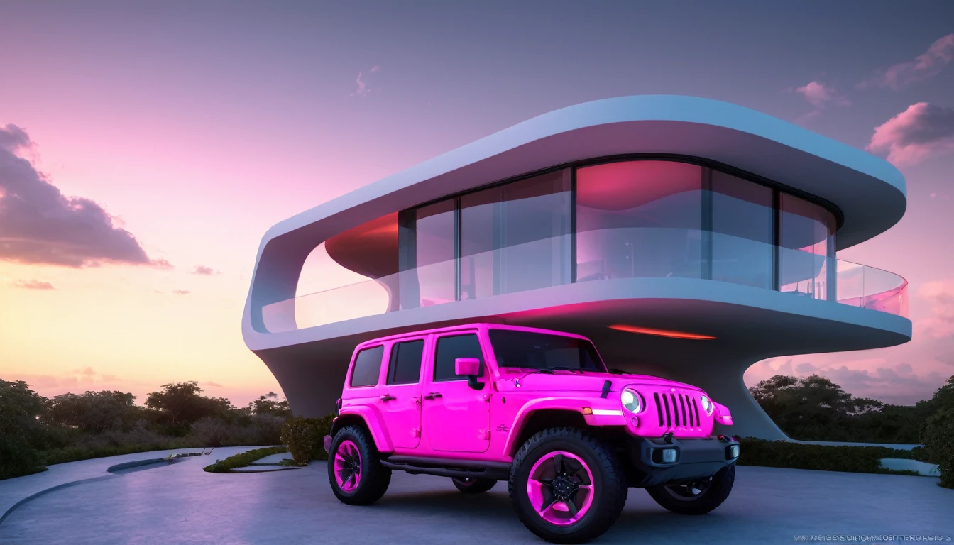 a futuristic house with a floresent hot pink jeep wrangler parked in front of it, cgsocietywlop, beautiful curves, intricate devilish designs, qualia, interesting shapes & form, wow factor, elaborate polished, bioluminescent, colorfull, glow, fluid, architectural rendering, miami, orange soft lighting in interior of house, futuristic battlefield, inspired by James E. Brewton, precise architectural rendering