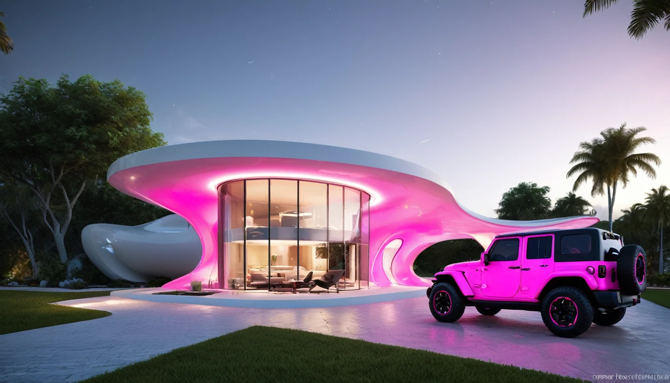 a futuristic house with a floresent hot pink jeep wrangler parked in front of it, cgsocietywlop, beautiful curves, intricate devilish designs, qualia, interesting shapes & form, wow factor, elaborate polished, bioluminescent, colorfull, glow, fluid, architectural rendering, miami, orange soft lighting in interior of house, futuristic battlefield, inspired by James E. Brewton, precise architectural rendering