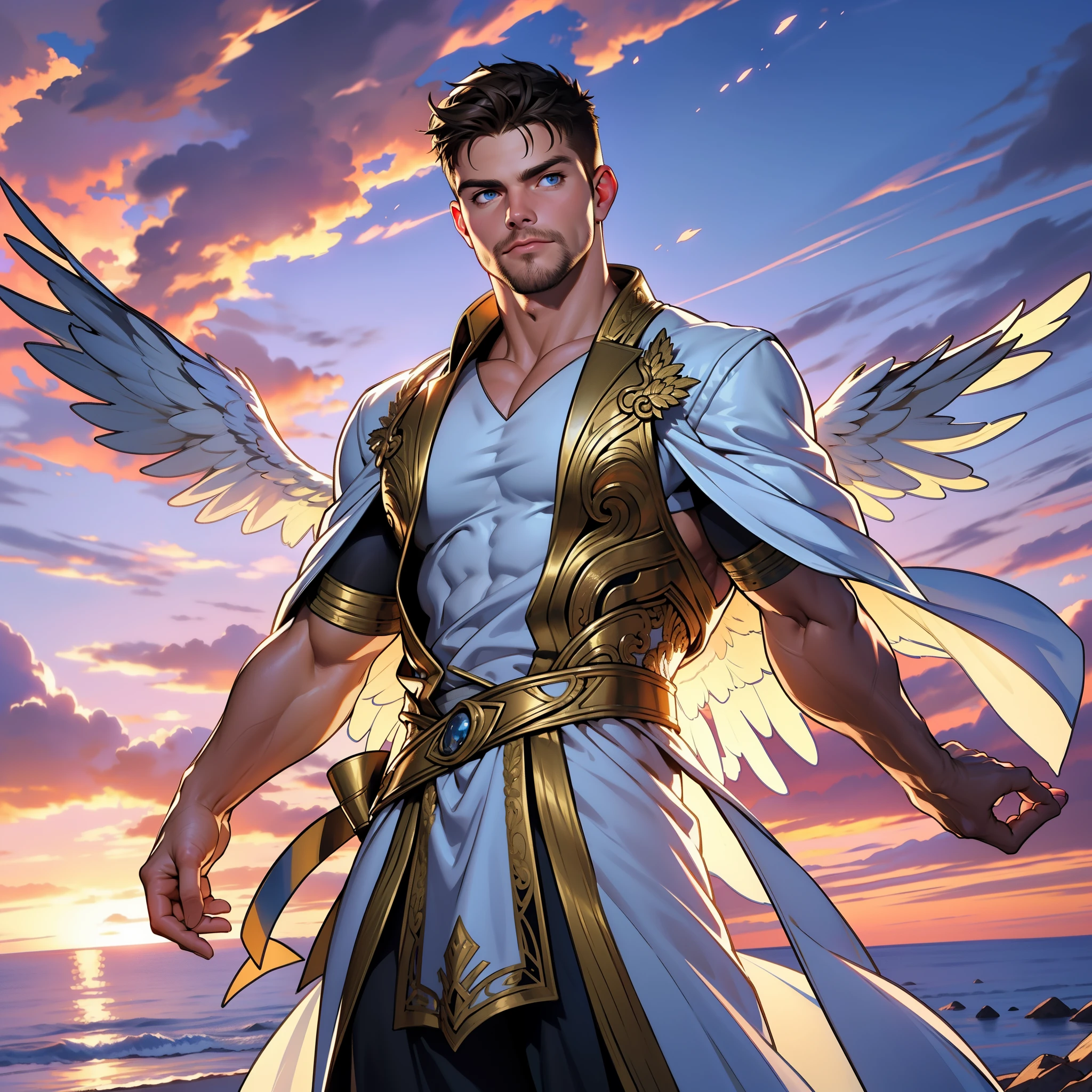 32k,masterpiece, best quality, detailed face, natural eyes,1man, solo mature man, muscled and mature, stephen amell as an angel , wearing a see thru transparent robe with golden embroidery , wearing 2 DOMINANT angel's wings , showing muscles ,floating and flying in the sky with clouds , full body, intricate Detailed background at sunset