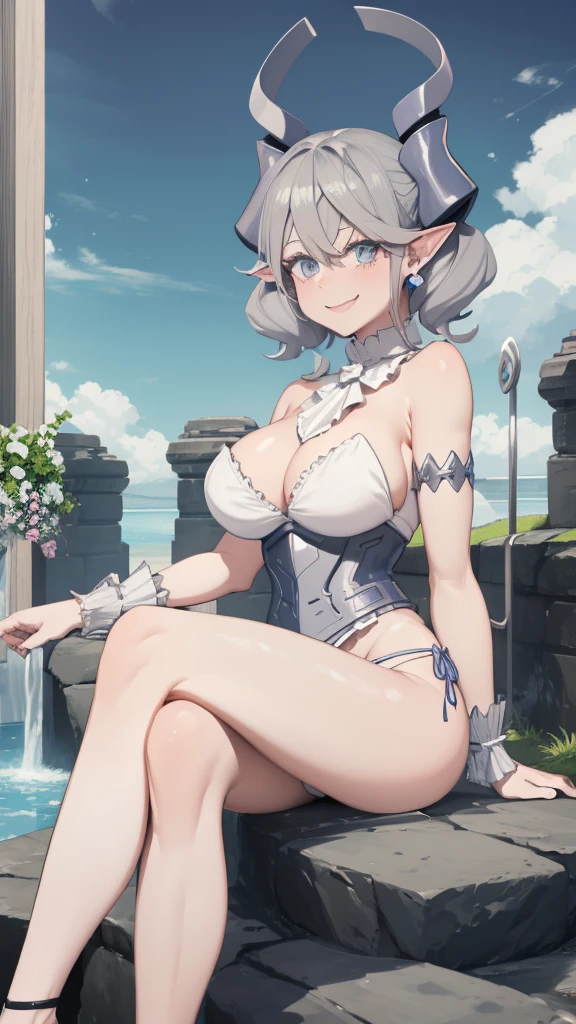Waterfalls High level image quality best image quality 8K adult woman garden rocks outside more colors whole body view portrait wearing bikini white horn ears short hair((shortcut)(gray hair)(perm)(fluffy)) eye color is blue , , attractive evil face , smile , sexy pose , labrynth , barearm , wearing pink , big wings , sitting , crossed legs