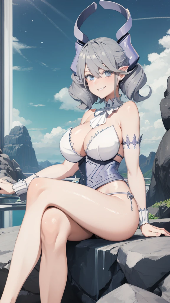 Waterfalls High level image quality best image quality 8K adult woman garden rocks outside more colors whole body view portrait wearing bikini white horn ears short hair((shortcut)(gray hair)(perm)(fluffy)) eye color is blue , , attractive evil face , smile , sexy pose , labrynth , barearm , wearing pink , big wings , sitting , crossed legs